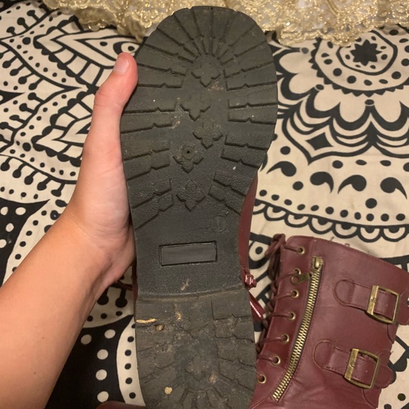 Maroon combat boots with gold zipper on the side. - Picture 2 of 4